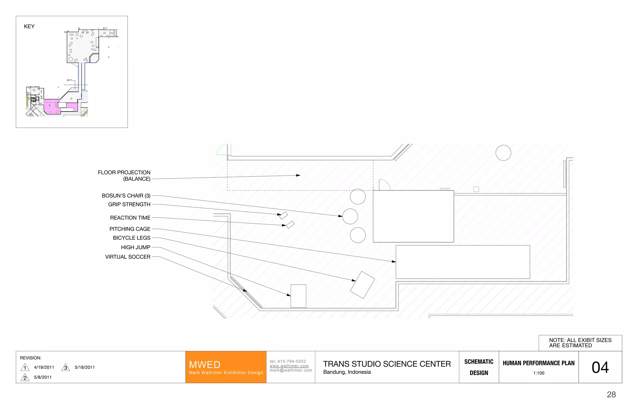 REVISION:
4/19/20111 ! ! ! ! ! ! !! !
"#$%!&'()*+&)(,(,!
---.-/$012#3.452!
2/367-/$012#3.452!
89:;!
8/36!9/$012#3!:<01=1"15>!;#?1@>!
SCHEMATIC
DESIGN
TRANS STUDIO SCIENCE CENTER
Bandung, Indonesia
5/8/20112
5/18/20113
04
BOSUN'S CHAIR (3)
GRIP STRENGTH
REACTION TIME
VIRTUAL SOCCER
PITCHING CAGE
HIGH JUMP
BICYCLE LEGS
FLOOR PROJECTION
(BALANCE)
NOTE: ALL EXIBIT SIZES
ARE ESTIMATED
UP FROM THEME PARK
LEVEL
(TO SCIENCE CENTER)
DOWN TO THEME PARK
LEVEL
(EXIT FROM SCIENCE
CENTER)
EXIT
±0.00
( INTERIOR BY TRANS
STUDIO )
DUNIA LAIN
AREA
KEY
HUMAN PERFORMANCE PLAN
1:100
28
 