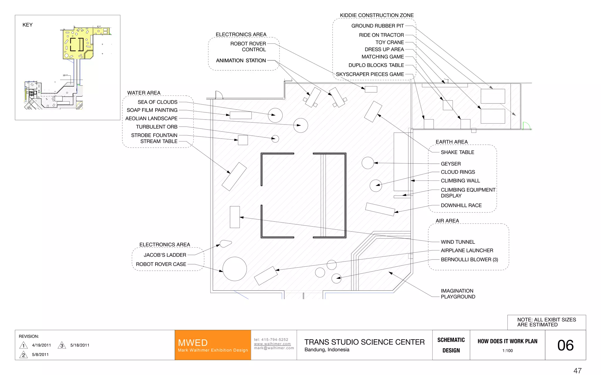 REVISION:
4/19/20111 ! ! ! ! ! ! !! !
"#$%!&'()*+&)(,(,!
---.-/$012#3.452!
2/367-/$012#3.452!
89:;!
8/36!9/$012#3!:<01=1"15>!;#?1@>!
SCHEMATIC
DESIGN
TRANS STUDIO SCIENCE CENTER
Bandung, Indonesia
5/8/20112
5/18/20113
06
RIDE ON TRACTOR
GROUND RUBBER PIT
ANIMATION STATIONANIMATION STATION
ROBOT ROVER
CONTROL
ELECTRONICS AREA
DUPLO BLOCKS TABLE
MATCHING GAME
DRESS UP AREA
TOY CRANE
KIDDIE CONSTRUCTION ZONE
SKYSCRAPER PIECES GAME
SHAKE TABLE
GEYSER
CLOUD RINGS
CLIMBING WALL
EARTH AREA
IMAGINATION
PLAYGROUND
DOWNHILL RACE
CLIMBING EQUIPMENT
DISPLAY
WIND TUNNEL
AIRPLANE LAUNCHER
BERNOULLI BLOWER (3)
AIR AREA
ROBOT ROVER CASE
JACOB'S LADDER
ELECTRONICS AREA
WATER AREA
STREAM TABLE
SEA OF CLOUDS
NOTE: ALL EXIBIT SIZES
ARE ESTIMATED
HOW DOES IT WORK PLAN
1:100
UP FROM THEME PARK
LEVEL
(TO SCIENCE CENTER)
DOWN TO THEME PARK
LEVEL
(EXIT FROM SCIENCE
CENTER)
EXIT
±0.00
( INTERIOR BY TRANS
STUDIO )
DUNIA LAIN
AREA
KEY
TURBULENT ORB
STROBE FOUNTAIN
SOAP FILM PAINTING
AEOLIAN LANDSCAPE
47
 