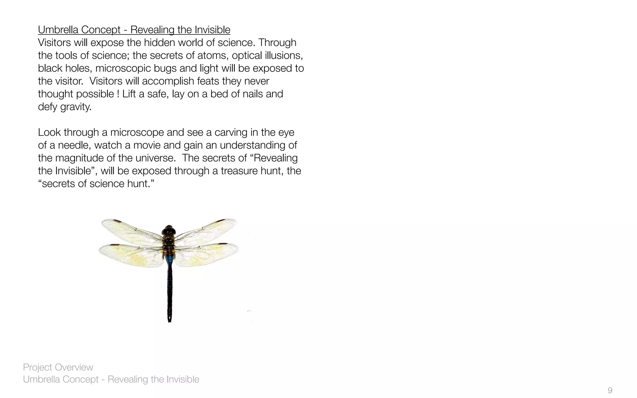 Project Overview
Umbrella Concept - Revealing the Invisible
Umbrella Concept - Revealing the Invisible
Visitors will expose the hidden world of science. Through
the tools of science; the secrets of atoms, optical illusions,
black holes, microscopic bugs and light will be exposed to
the visitor.  Visitors will accomplish feats they never
thought possible ! Lift a safe, lay on a bed of nails and
defy gravity.
Look through a microscope and see a carving in the eye
of a needle, watch a movie and gain an understanding of
the magnitude of the universe.  The secrets of “Revealing
the Invisible”, will be exposed through a treasure hunt, the
“secrets of science hunt.”
9
 
