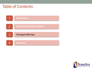 Table of Contents
1

Introduction

2

Rapid Transformation Model

3

Packaged Offerings

4

Summary

Q&A

 