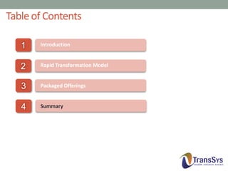 Table of Contents
1

Introduction

2

Rapid Transformation Model

3

Packaged Offerings

4

Summary

Q&A

 