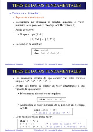 Fundamentos de Informática ETSI Industrial 29 Universidad de Málaga José Antonio Gómez Ruiz
Caracteres: el tipo char
Repre...
