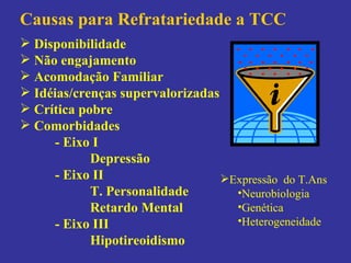 Disponibilidade Não engajamento Acomodação Familiar Idéias/crenças supervalorizadas Crítica pobre Comorbidades - Eixo I Depressão - Eixo II T. Personalidade Retardo Mental - Eixo III Hipotireoidismo Causas para Refratariedade a TCC Expressão  do T.Ans Neurobiologia Genética Heterogeneidade 