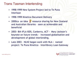 Trans Tasman Interlending
• 1998-1999 New System Project led to Te Puna
Interloan
• 1998-1999 Kinetica Document Delivery
• 2000ca– an idea
resource sharing for New Zealand
and Australian libraries – seen as achievable and
beneficial
• 2003– 8th IFLA ISDS, Canberra, ACT - Mary Jackson’s
keynote on future trends - increased globalisation and
development of global interlending.
• Late 2003 – NLNZ began work with NLA : named
project: Te Puna Kinetica – Interlibrary Loan Gateway

 