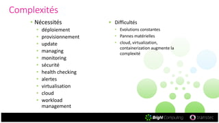 Complexités
• Nécessités
• déploiement
• provisionnement
• update
• managing
• monitoring
• sécurité
• health checking
• alertes
• virtualisation
• cloud
• workload
management
 Difficultés
• Evolutions constantes
• Pannes matérielles
• cloud, virtualization,
containerization augmente la
complexité
 