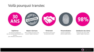Voilà pourquoi transtec
Expérience
Plus de 30 ans d'expérience
dans les systèmes informatiques et les
solutions
pour utilisateurs professionnels
Made in Germany
Offre complète de produits et de
services « Made in Germany »
Partenariat
Une sélection pointue avec
des partenaires solides
Personnalisation
Solutions individuelles -
même en petites séries !
Satisfaction des clients
Satisfaction des clients à 98% -
qualité « Made in Germany »
 