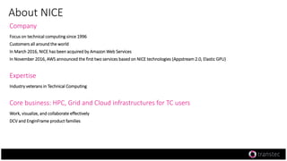 About NICE
Company
Focus on technical computing since 1996
Customers all around the world
In March 2016, NICE has been acquired by Amazon Web Services
In November 2016, AWS announced the first two services based on NICE technologies (Appstream 2.0, Elastic GPU)
Expertise
Industry veterans in Technical Computing
Core business: HPC, Grid and Cloud infrastructures for TC users
Work, visualize, and collaborate effectively
DCV and EnginFrame product families
 