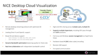  High-end GPU sharing across multiple users, multiple OS
 Supports multiple Hypervisors, including GPU pass-through
and vGPU solutions
 Full Linux and Windows session management via EnginFrame
Views
 Hardware-based H.264 (video codec) encoding
 Remote USB Support
 Encrypted communication
 Remote desktop streaming protocol with optimized 3D
management
 Leading Direct X and OpenGL support
 Broad OS and device support
‒ Server: Windows 7, 8, 2008, 2012, RHEL, SUSE, CentOS
‒ Client: Windows, Linux, OS X, iOS, Android, applet
 Dynamic Bandwidth optimization balancing quality Vs. frame rate
 Real time collaboration with independent bandwidth control
NICE Desktop Cloud Visualization
 