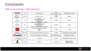 Conclusion
Références transtec – NICE Software
LAN IcemCFD and Tecplot
40*DCV
(extension +15 en cours)
POC validated in 4 months
LAN+WAN Fluent, Gambit, StarCCM …
7* EF MOS
4* EF HPC
2 months
LAN
workbench
design modeler et direct modeler
ANSYS CFD PRE-POST
FLUENT et CFX
GAMBIT, ICEM CFD HEXA et ICEM CFDTETRA/PRISM
2* EF MOS 3 months
LAN
workbench
design modeler et direct modeler
ANSYS CFD PRE-POST
FLUENT et CFX
GAMBIT, ICEM CFD HEXA et ICEM CFDTETRA/PRISM
23* EF MOS 1 month
LAN+WAN
VisIt - Lawrence Livermore National Laboratory
Paraview
matlab
5* EF MOS 1 month
WAN (Poland) CATIA (Thru Microsoft windows VM based on XenServer 6.2) 5* EF MOS POC validated in less than 2 months
WAN Fluent, Nastran, Patran, Abaqus, Radioss, Hypermesh 50* EF MOS (5Y support) POC validated in 3 months
LAN+WAN Adobe InDesign 5* EF MOS POC validated in less than 1 month
LAN+WAN Homemade 5* EF MOS
DEMO and chosen !
Installation in 3 days
 