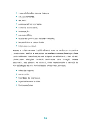 20
 vulnerabilidade a dano e doença;
 emaranhamento;
 fracasso;
 arrogância/merecimento;
 controle insuficiente;
 subjugação;
 autossacrifício;
 busca de aprovação e reconhecimento;
 negatividade e pessimismo;
 inibição emocional.
Young e colaboradores (2008) afirmam que os pacientes borderline
desenvolvem estilos e respostas de enfrentamento desadaptativas
desde cedo em suas vidas para se adaptar aos esquemas, a fim de não
vivenciarem emoções intensas suscitadas pela ativação desses
esquemas. Isso porque, na infância, estes representam a ameaça de
não satisfação de suas necessidades emocionais, que são:
 vínculos seguros;
 autonomia;
 liberdade de expressão;
 espontaneidade e lazer;
 limites realistas.
 