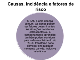 Causas, incidência e fatores de 
risco 
O TAG é uma doença 
comum. Os genes podem 
ser fatores determinantes. 
As situações cotidianas 
estressantes ou o 
comportamento aprendido 
também podem contribuir 
para o desenvolvimento do 
TAG.O transtorno pode 
começar em qualquer 
momento da vida, inclusive 
na infância. 
 