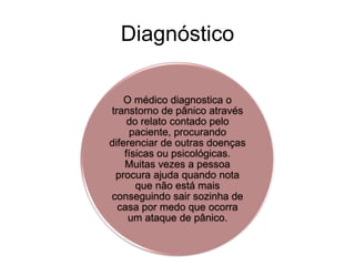 Diagnóstico 
O médico diagnostica o 
transtorno de pânico através 
do relato contado pelo 
paciente, procurando 
diferenciar de outras doenças 
físicas ou psicológicas. 
Muitas vezes a pessoa 
procura ajuda quando nota 
que não está mais 
conseguindo sair sozinha de 
casa por medo que ocorra 
um ataque de pânico. 
 