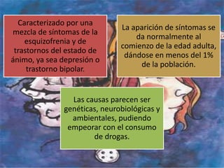 Caracterizado por una
mezcla de síntomas de la
esquizofrenia y de
trastornos del estado de
ánimo, ya sea depresión o
trastorno bipolar.
La aparición de síntomas se
da normalmente al
comienzo de la edad adulta,
dándose en menos del 1%
de la población.
Las causas parecen ser
genéticas, neurobiológicas y
ambientales, pudiendo
empeorar con el consumo
de drogas.
 