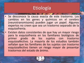 Etiología
• Se desconoce la causa exacta de este trastorno. Los
cambios en los genes y químicos en el cerebro
(neurotransmisores) pueden jugar un papel. Algunos
expertos no creen que sea un trastorno separado de la
esquizofrenia.
• Existen datos consistentes de que hay un mayor riesgo
para la esquizofrenia en los familiares biológicos de
primer grado de los sujetos con trastorno
esquizoafectivo. La mayoría de los estudios también
señalan que los familiares de los sujetos con trastorno
esquizoafectivo tienen un riesgo mayor de presentar
trastornos del estado de ánimo.
 