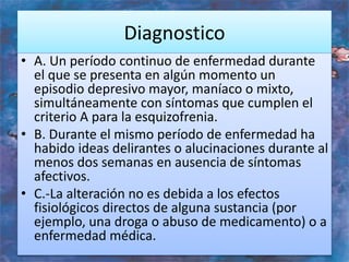 Diagnostico
• A. Un período continuo de enfermedad durante
el que se presenta en algún momento un
episodio depresivo mayor, maníaco o mixto,
simultáneamente con síntomas que cumplen el
criterio A para la esquizofrenia.
• B. Durante el mismo período de enfermedad ha
habido ideas delirantes o alucinaciones durante al
menos dos semanas en ausencia de síntomas
afectivos.
• C.-La alteración no es debida a los efectos
fisiológicos directos de alguna sustancia (por
ejemplo, una droga o abuso de medicamento) o a
enfermedad médica.
 