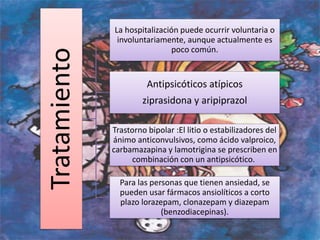 Tratamiento
La hospitalización puede ocurrir voluntaria o
involuntariamente, aunque actualmente es
poco común.
Antipsicóticos atípicos
ziprasidona y aripiprazol
Trastorno bipolar :El litio o estabilizadores del
ánimo anticonvulsivos, como ácido valproico,
carbamazapina y lamotrigina se prescriben en
combinación con un antipsicótico.
Para las personas que tienen ansiedad, se
pueden usar fármacos ansiolíticos a corto
plazo lorazepam, clonazepam y diazepam
(benzodiacepinas).
 