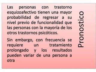 Pronostico
Las personas con trastorno
esquizoafectivo tienen una mayor
probabilidad de regresar a su
nivel previo de funcionalidad que
las personas con la mayoría de los
otros trastornos psicóticos.
Sin embargo, con frecuencia se
requiere un tratamiento
prolongado y los resultados
pueden variar de una persona a
otra
 