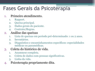 Fases Gerais da Psicoterapia
1.

Primeiro atendimento.
1.
2.
3.
4.

2.

Análise das queixas
1.
2.
3.

3.

Lista de queixas em período pré-determinado: 1 ou 2 anos.
Inventários.
Diagnóstico e encaminhamentos específicos: especialidades
médicas ou paramédicas.

Coleta do histórico de vida.
1.
2.
3.

4.

Rapport.
Queixa principal.
Dados gerais do paciente.
Contrato/Regras.

Anamnese completa.
Coleta de dados com pessoas significativas.
Linha da vida.

Psicoterapia propriamente dita.

 