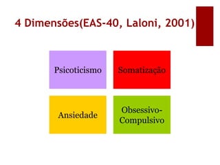 4 Dimensões(EAS-40, Laloni, 2001)
Ansiedade
Psicoticismo
Obsessivo-
Compulsivo
Somatização
 