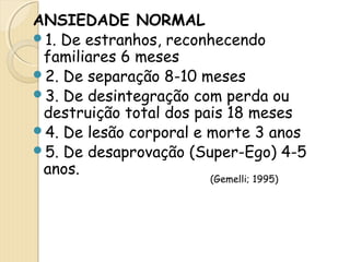 ANSIEDADE NORMAL 
1. De estranhos, reconhecendo 
familiares 6 meses 
2. De separação 8-10 meses 
3. De desintegração com perda ou 
destruição total dos pais 18 meses 
4. De lesão corporal e morte 3 anos 
5. De desaprovação (Super-Ego) 4-5 
a n o s . (Gemelli; 1995) 
 