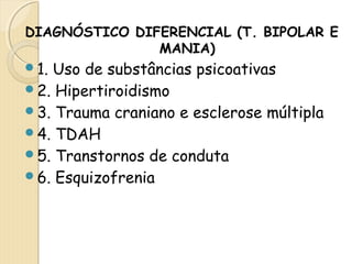 DIAGNÓSTICO DIFERENCIAL (T. BIPOLAR E 
MANIA) 
1. Uso de substâncias psicoativas 
2. Hipertiroidismo 
3. Trauma craniano e esclerose múltipla 
4. TDAH 
5. Transtornos de conduta 
6. Esquizofrenia 
 