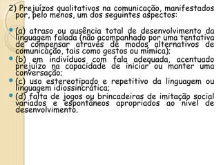 2) Prejuízos qualitativos na comunicação, manifestados 
por, pelo menos, um dos seguintes aspectos: 
(a) atraso ou ausência total de desenvolvimento da 
linguagem falada (não acompanhado por uma tentativa 
de compensar através de modos alternativos de 
comunicação, tais como gestos ou mímica); 
(b) em indivíduos com fala adequada, acentuado 
prejuízo na capacidade de iniciar ou manter uma 
conversação; 
(c) uso estereotipado e repetitivo da linguagem ou 
linguagem idiossincrática; 
(d) falta de jogos ou brincadeiras de imitação social 
variados e espontâneos apropriados ao nível de 
desenvolvimento. 
 