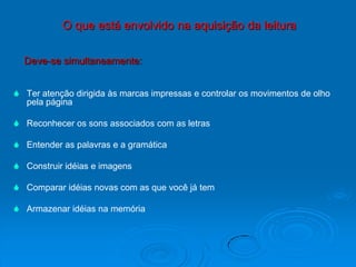 O que está envolvido na aquisição da leitura
Deve-se simultaneamente:
 Ter atenção dirigida às marcas impressas e controlar os movimentos de olho
pela página
 Reconhecer os sons associados com as letras
 Entender as palavras e a gramática
 Construir idéias e imagens
 Comparar idéias novas com as que você já tem
 Armazenar idéias na memória
 