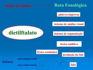 dietilftalato
Rota Fonológica
palavra impressa
sistema de análise visual
sistema de segmentação
léxico auditivo
produção da fala
léxico semântico
fala
leitura
com compreensão
sem compreensão
Rotas de Leitura
 