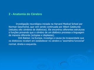 2 - Anatomia do Cérebro
Investigação neurológica iniciada na Harvard Medical School por
Norman Geschwind, que vem sendo continuada por Albert Galaburda
(estudou oito cérebros de disléxicos). Ele encontrou diferentes estruturas
e funções provando que o cérebro de um disléxico processa a linguagem
de maneira diferente (ectopias e displasias).
Dirk Bakker, na Europa, investiga a causa da incapacidade que
os disléxicos revelam em estabelecer no cérebro a ”assimetria funcional”
normal, direita e esquerda.
 