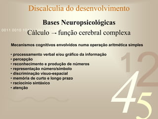 421
0011 0010 1010 1101 0001 0100 1011
Discalculia do desenvolvimento
Bases Neuropsicológicas
Cálculo função cerebral complexa
Mecanismos cognitivos envolvidos numa operação aritmética simples
• processamento verbal e/ou gráfico da informação
• percepção
• reconhecimento e produção de números
• representação número/símbolo
• discriminação visuo-espacial
• memória de curto e longo prazo
• raciocínio sintáxico
• atenção
 