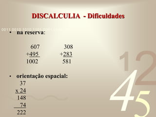 421
0011 0010 1010 1101 0001 0100 1011
DISCALCULIA - Dificuldades
• na reserva:
607 308
+495 +283
1002 581
• orientação espacial:
37
x 24
148
74
222
 