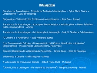 Bibliografia
Distúrbios de Aprendizagem: Proposta de Avaliação Interdisciplinar – Sylvia Maria Ciasca e
Colaboradores – Casa do Psicólogo
Diagnóstico e Tratamento dos Problemas de Aprendizagem – Sara Paín - Artmed
Transtornos de Aprendizagem: Abordagem Neurobiológica e Multidisciplinar – Newra Tellechea
Rotta e Colaboradores – Artmed
Transtornos de Aprendizagem: da intervenção à intervenção - Jack M. Fletcher e Colaboradores
“O Cérebro e a Matemática” – José Alexandre Bastos
“Los Transtornos del Calculo y el Procesamiento del Número: Discalculias e Acalculias”
Sergio Dansilio – Prensa Médica Latinoamericana, Montevideo
Dislexia: Ultrapassando as Barreiras do Preconceito – James Bauer – Casa do Psicólogo
Entendendo a Dislexia – Sally Shaywitz – Artmed
A vida secreta da criança com dislexia – Robert Frank, Ph.D – M. Books
"Dislexia, Fala e Linguagem - Um manual do profissional“- Margaret Snowling - Artmed
 