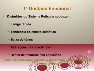 1010
 Distúrbios do Sistema Reticular produzem:

Fadiga rápida

Tendência ao estado acinético

Baixa de tônus

Alterações da consciência

Déficit de memória não específico
Todos os processos cerebrais dependem de um nível ideal
de tônus cortical
1ª Unidade Funcional
 