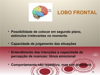 1313
LOBO FRONTAL

Possibilidade de colocar em segundo plano,
estímulos irrelevantes no momento

Capacidade de julgamento das situações

Entendimento das intenções e capacidade de
percepção de nuances: tônus emocional

Comportamento não repetitivo, mas sim produtivo
 
