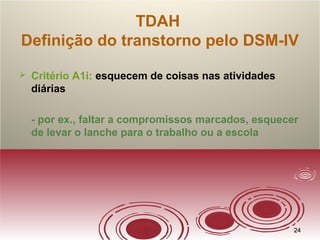 2424
TDAH
Definição do transtorno pelo DSM-IV
 Critério A1i: esquecem de coisas nas atividades
diárias
- por ex., faltar a compromissos marcados, esquecer
de levar o lanche para o trabalho ou a escola
 