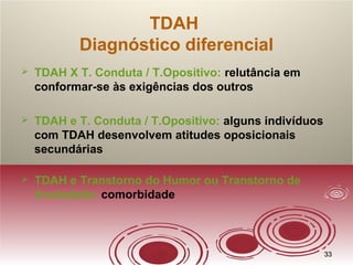 3333
TDAH
Diagnóstico diferencial
 TDAH X T. Conduta / T.Opositivo: relutância em
conformar-se às exigências dos outros
 TDAH e T. Conduta / T.Opositivo: alguns indivíduos
com TDAH desenvolvem atitudes oposicionais
secundárias
 TDAH e Transtorno do Humor ou Transtorno de
Ansiedade: comorbidade
 