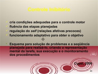 4343
Controle Inibitório
 cria condições adequadas para o controle motor
 fluência das etapas planejadas
 regulação do self (relações afetivas precoces)
 funcionamento adaptativo para obter o objetivo

 Esquema para solução de problemas e a seqüência
planejada para realizá-lo, criando a representação
mental da tarefa, sua execução e o monitoramento
dos procedimentos
Cypel, 2006
 