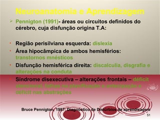 5151
Neuroanatomia e Aprendizagem
 Pennigton (1991)- áreas ou circuitos definidos do
cérebro, cuja disfunção origina T.A:
• Região perisilviana esquerda: dislexia
• Área hipocâmpica de ambos hemisférios:
transtornos mnésticos
• Disfunção hemisférica direita: discalculia, disgrafia e
alterações na conduta
• Síndrome disexecutiva – alterações frontais – déficit
atencional, falhas na planificação e antecipação e
déficit nas abstrações
Bruce Pennigton, 1997: Diagnóstico de Distúrbios de aprendizagem
 