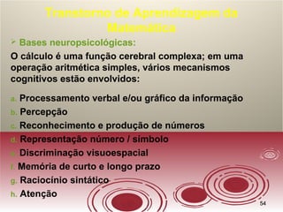 5454
Transtorno de Aprendizagem da
Matemática
 Bases neuropsicológicas:
O cálculo é uma função cerebral complexa; em uma
operação aritmética simples, vários mecanismos
cognitivos estão envolvidos:
a. Processamento verbal e/ou gráfico da informação
b. Percepção
c. Reconhecimento e produção de números
d. Representação número / símbolo
e. Discriminação visuoespacial
f. Memória de curto e longo prazo
g. Raciocínio sintático
h. Atenção
 