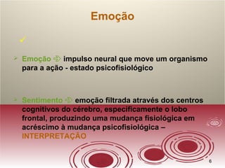 66
Emoção

 Emoção  impulso neural que move um organismo
para a ação - estado psicofisiológico
 Sentimento  emoção filtrada através dos centros
cognitivos do cérebro, especificamente o lobo
frontal, produzindo uma mudança fisiológica em
acréscimo à mudança psicofisiológica –
INTERPRETAÇÃO
 