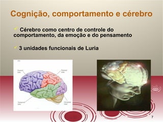 77
Cognição, comportamento e cérebro
 Cérebro como centro de controle do
comportamento, da emoção e do pensamento
 3 unidades funcionais de Luria
 
