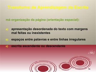 7474
Transtorno de Aprendizagem da Escrita
má organização da página (orientação espacial):
a) apresentação desordenada do texto com margens
mal feitas ou inexistentes
b) espaços entre palavras e entre linhas irregulares
c) escrita ascendente ou descendente
 