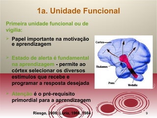 99
1a. Unidade Funcional
Primeira unidade funcional ou de
vigília:
 Papel importante na motivação
e aprendizagem
 Estado de alerta é fundamental
na aprendizagem - permite ao
córtex selecionar os diversos
estímulos que recebe e
programar a resposta desejada
 Atenção é o pré-requisito
primordial para a aprendizagem
Riesgo, 2006; Luria, 1966, 1984
 