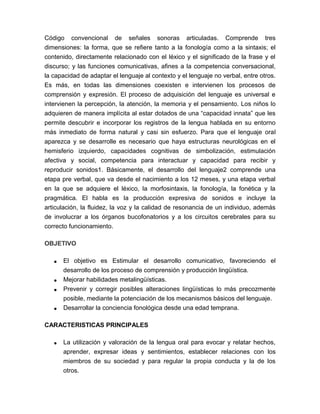 Código convencional de señales sonoras articuladas. Comprende tres
dimensiones: la forma, que se refiere tanto a la fonología como a la sintaxis; el
contenido, directamente relacionado con el léxico y el significado de la frase y el
discurso; y las funciones comunicativas, afines a la competencia conversacional,
la capacidad de adaptar el lenguaje al contexto y el lenguaje no verbal, entre otros.
Es más, en todas las dimensiones coexisten e intervienen los procesos de
comprensión y expresión. El proceso de adquisición del lenguaje es universal e
intervienen la percepción, la atención, la memoria y el pensamiento. Los niños lo
adquieren de manera implícita al estar dotados de una “capacidad innata” que les
permite descubrir e incorporar los registros de la lengua hablada en su entorno
más inmediato de forma natural y casi sin esfuerzo. Para que el lenguaje oral
aparezca y se desarrolle es necesario que haya estructuras neurológicas en el
hemisferio izquierdo, capacidades cognitivas de simbolización, estimulación
afectiva y social, competencia para interactuar y capacidad para recibir y
reproducir sonidos1. Básicamente, el desarrollo del lenguaje2 comprende una
etapa pre verbal, que va desde el nacimiento a los 12 meses, y una etapa verbal
en la que se adquiere el léxico, la morfosintaxis, la fonología, la fonética y la
pragmática. El habla es la producción expresiva de sonidos e incluye la
articulación, la fluidez, la voz y la calidad de resonancia de un individuo, además
de involucrar a los órganos bucofonatorios y a los circuitos cerebrales para su
correcto funcionamiento.
OBJETIVO
 El objetivo es Estimular el desarrollo comunicativo, favoreciendo el
desarrollo de los proceso de comprensión y producción lingüística.
 Mejorar habilidades metalingüísticas.
 Prevenir y corregir posibles alteraciones lingüísticas lo más precozmente
posible, mediante la potenciación de los mecanismos básicos del lenguaje.
 Desarrollar la conciencia fonológica desde una edad temprana.
CARACTERISTICAS PRINCIPALES
 La utilización y valoración de la lengua oral para evocar y relatar hechos,
aprender, expresar ideas y sentimientos, establecer relaciones con los
miembros de su sociedad y para regular la propia conducta y la de los
otros.
 
