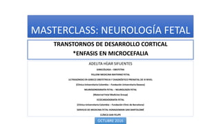 MASTERCLASS: NEUROLOGÍA FETAL
TRANSTORNOS DE DESARROLLO CORTICAL
*ENFASIS EN MICROCEFALIA
ADELITA HÍJAR SIFUENTES
GINECÓLOGA – OBSTETRA
FELLOW MEDICINA MATERNO FETAL
ULTRASONIDO EN GINECO OBSTETRICIA Y DIAGNÓSTICO PRENATAL DE III NIVEL
(Clínica Universitaria Colombia – Fundación Universitaria Dexeus)
NEUROSONOGRAFÍA FETAL – NEUROLOGÍA FETAL
(Maternal Fetal Medicine Group)
ECOCARDIOGRAFÍA FETAL
(Clínica Universitaria Colombia – Fundación Clinic de Barcelona)
SERVICIO DE MEDICINA FETAL HONADOMANI SAN BARTOLOMÉ
CLÍNICA SAN FELIPE
OCTUBRE 2016
 