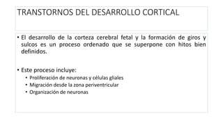 TRANSTORNOS DEL DESARROLLO CORTICAL
• El desarrollo de la corteza cerebral fetal y la formación de giros y
sulcos es un proceso ordenado que se superpone con hitos bien
definidos.
• Este proceso incluye:
• Proliferación de neuronas y células gliales
• Migración desde la zona periventricular
• Organización de neuronas
 