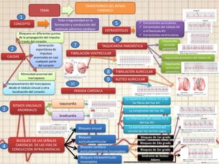 TEMA 
CONCEPTO 
CAUSAS 
RITMOS SINUSALES 
ANORMALES 
BLOQUEO DE LAS SEÑALES 
CARDÍACAS DE LAS VÍAS DE 
FIBRILACIÓN VENTRICULAR 
taquicardia 
CONDUCCIÓN INTRACARDÍACAS. 
TRANSTORNOS DEL RITMO 
CARDIACO 
Toda irregularidad en la 
formación y conducción del 
estímulo eléctrico cardiaco 
Bloqueos en diferentes puntos 
de la propagación del impulso 
a través del corazón. 
Generación 
espontánea de 
impulsos 
anormales en casi 
cualquier parte 
del corazón 
Ritmicidad anormal del 
marcapasos. 
Desplazamiento del marcapasos 
desde el nódulo sinusal a otra 
localización del corazón. 
Taquicardia paroxística del nódulo AV. 
La isquemia del nódulo AV o de 
las fibras del haz AV. 
La compresión del haz AV. 
La inflamación del nódulo AV o 
del haz AV. 
bloqueo de 1er grado 
Bloqueo sinusal 
bradicardia 
Bloqueo 
auriculoventricular 
6 
Bloqueo cardíaco 
auriculoventricular incompleto 
Bloqueo intraventricular 
incompleto 
La estimulación extrema del 
corazón por los nervios vagos. 
Bloqueo de 2do grado 
Bloqueo de 3er grado 
Síndrome de Stokes- 
Adams 
EXTRASÍSTOLES 
TAQUICARDIA PAROXÍSTICA 
ALETEO AURICULAR 
PARADA CARDÍACA 
FIBRILACIÓN AURICULAR 
7 
8 
9 
10 
3 
4 
5 
1 
2 
 Extrasístoles auriculares. 
 Extrasístoles del nódulo AV 
o el fascículo AV. 
 Extrasístoles ventriculares 
Taquicardia 
auricular 
paroxística 
Taquicardia 
ventricular 
paroxística 
