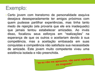 Exemplo:
• Certo jovem com transtorno de personalidade esquiva
 desejava desesperadamente ter amigos próximos com
 quem pudesse partilhar experiências, mas tinha tanto
 medo de rejeição (ela provaria que ele era inadequado)
 que jamais tentou estabelecer amizades. Ao invés
 disso, focalizou seus esforços em “realizações” na
 esperança de que os outros o aceitariam devido à sua
 competência, mas a aceitação embasada em suas
 conquistas e competência não satisfazia sua necessidade
 de amizade. Este jovem muito competente viveu uma
 existência isolada e não preenchida.
 