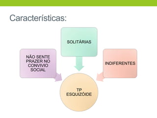 Características:

                   SOLITÁRIAS


    NÃO SENTE
    PRAZER NO
                                INDIFERENTES
     CONVIVIO
      SOCIAL



                   TP
                ESQUIZÓIDE
 