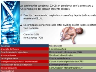 Las cardiopatías congénitas (CPC) son problemas con la estructura y
funcionamiento del corazón presente al nacer.
 Es el tipo de anomalía congénita más común y la principal causa de
muerte en EE.UU.
 La cardiopatía congénita suele estar dividida en dos tipos: cianótica
y no cianótica.
⃝ Cianotica:30%
⃝ No Cianotica :70%
 